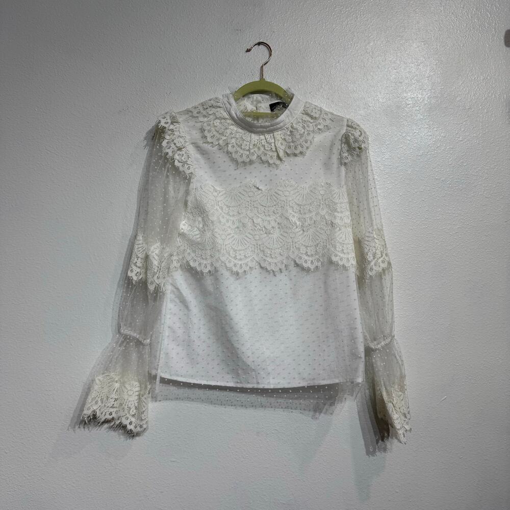 On Twelfth White Lace Romantic Sheer Sleeve Blouse Sz S